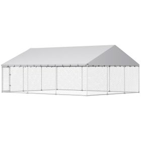 Heavy Duty Outdoor Dog Kennel with Waterproof Roof, 2 Secure Latches, Chain Link Dog Run for Backyard, 20' x 15' x 8'